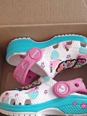 CROCS Kids White Clog with Pink Glitter Strap & Turquoise Midsole